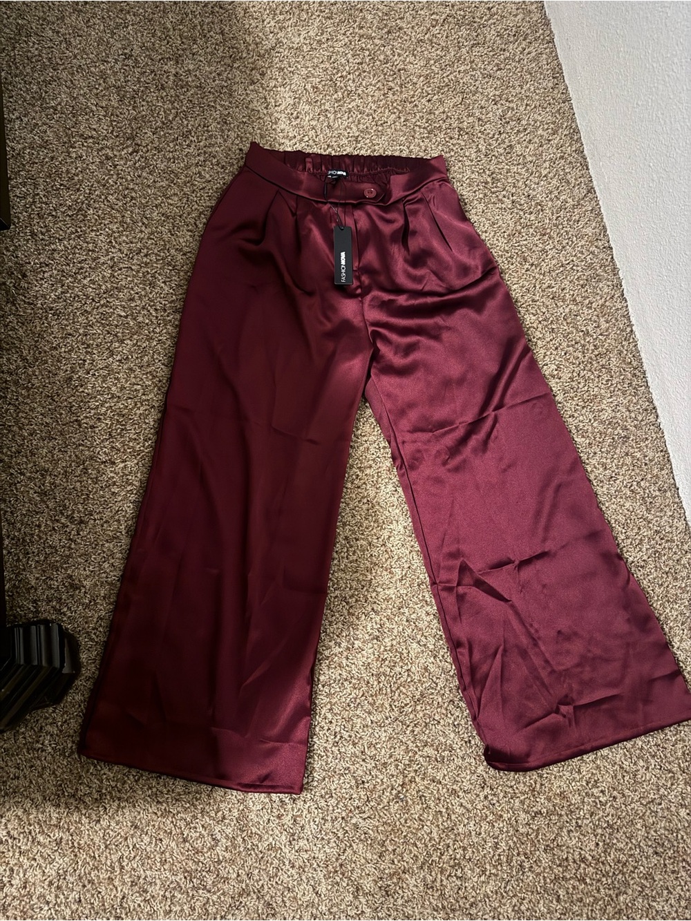 Fashion Nova Burgundy Wide-Leg Satin Pants